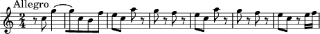 \relative c'' { \clef treble \key c \major \time 2/4 \mark "Allegro"  
r8 c8 g'4[(g8)c, b f'] e c a' r8 g r8 f r8 e c a' r8 g r8 f r8 e c r8 e16 f}