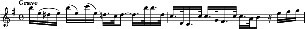 \transpose d e {\relative {\clef treble \key d \minor \time 4/4 \tempo "Grave"
           a''16 d,( cis d) a'16( d,) bes'( d,) c!16. bes32 c8~ c16. a'32 a16. c,32 | bes16. d,32 c16. bes'32 bes16. f32 e16. bes'32 bes16. g32 a8 r16 d e f}}