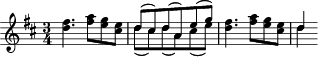 { \time 3/4 \key d\major << { fis''4. a''8 g'' e'' } { d''4. fis''8 e'' cis'' } >> | << { d''8( cis'') d''( a') e''( g'') } \\ { d''8( cis'') d''( a') cis''( e'') } >> | << { fis''4. a''8 g'' e'' } { d''4. fis''8 e'' cis'' } >> | << d''4 \\ d''4 >> }