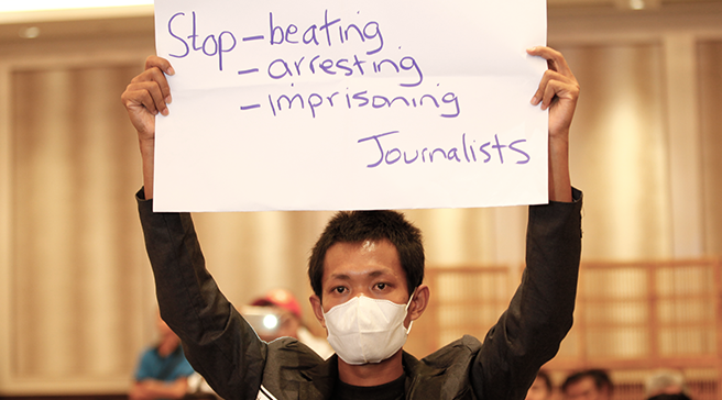 This young Myanmar journalist was able to hold up this sign in front of the Minister of Information during the IPI World Congress in Yangon because he was backed by the IPI global community and 300+ journalists in the room.