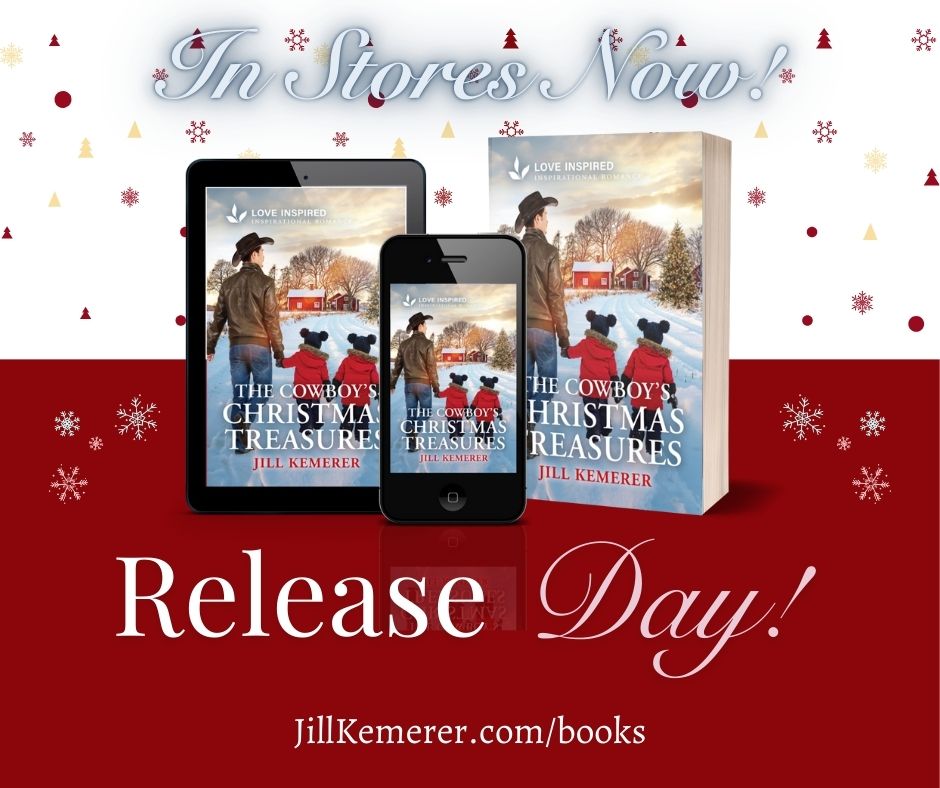 Red and white background with red and gold snowflakes. The Cowboy's Christmas Treasure book cover. Text, "In Stores Now! Release Day! JillKemerer.com/books."