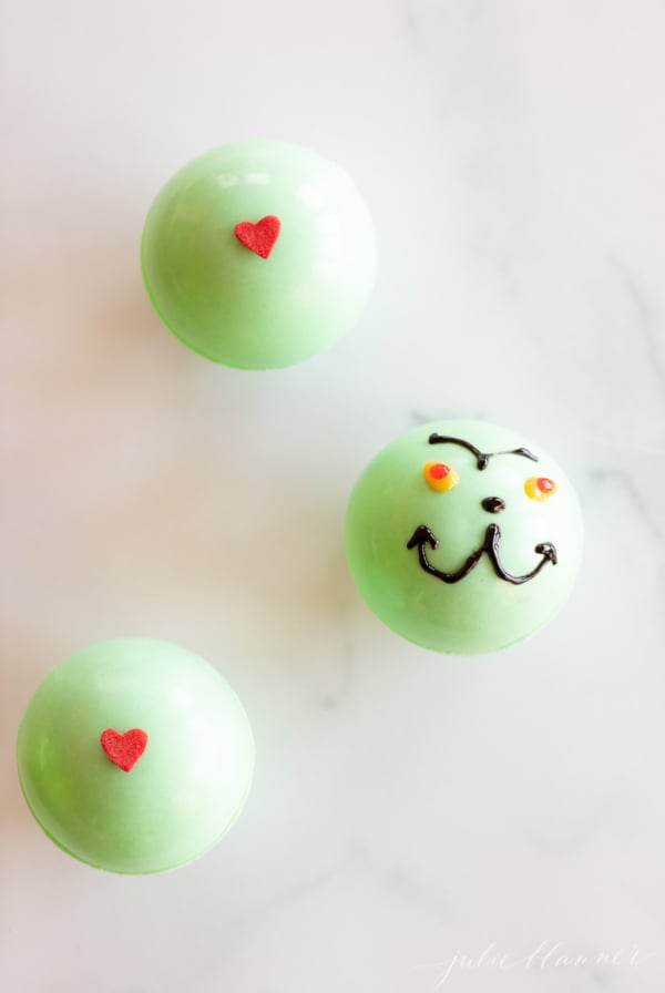 Three grinch hot chocolate bombs