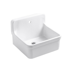 a white wall mounted sink against a white background.