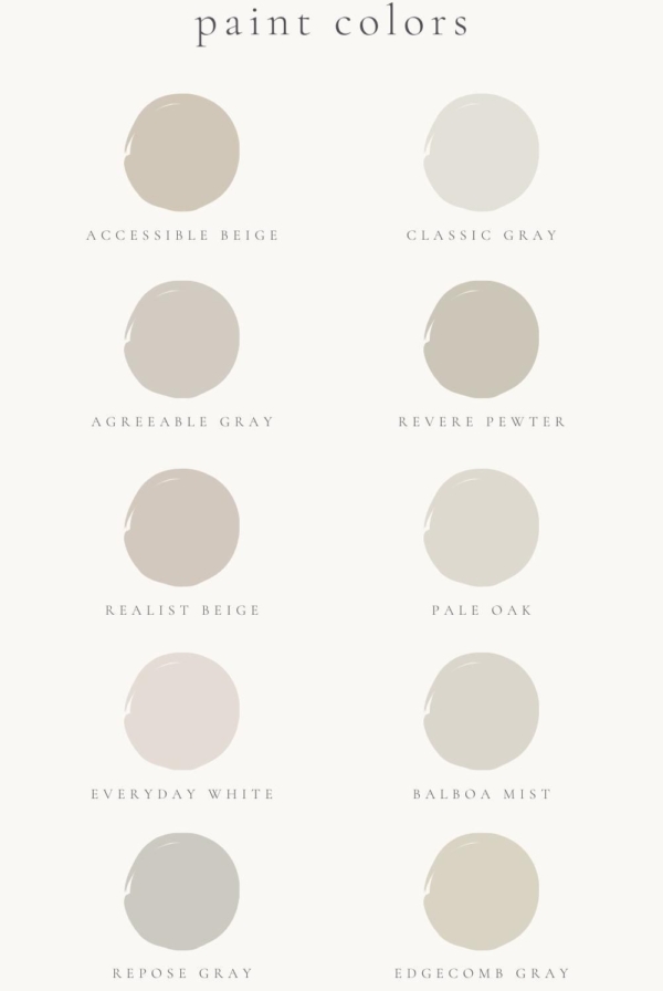 A graphic featuring 10 greige paint colors from julieblanner.com