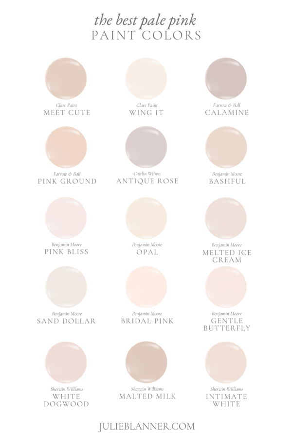 A blush pink paint color guide featuring 15 various pale pink paint colors from www.julieblanner.com