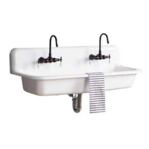 A white wall-mounted sink with two faucets.