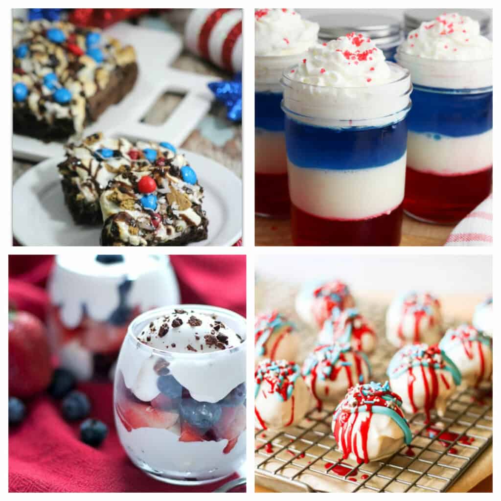 Collage of red, white, and blue desserts for patriotic holidays.