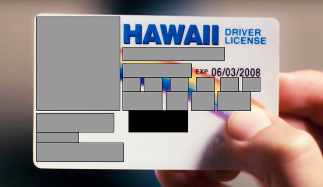 A Hawaii driver license with all the fields covered with gray rectangles, except the expiry date