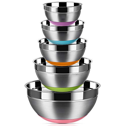 Stainless Steel Mixing Bowls (Set of 5), Non Slip Colorful Silicone Bottom Nesting Storage Bowls by Regiller, Polished Mirror Finish For Healthy Meal Mixing and Prepping 1.5-2 - 2.5-3.5 - 7QT