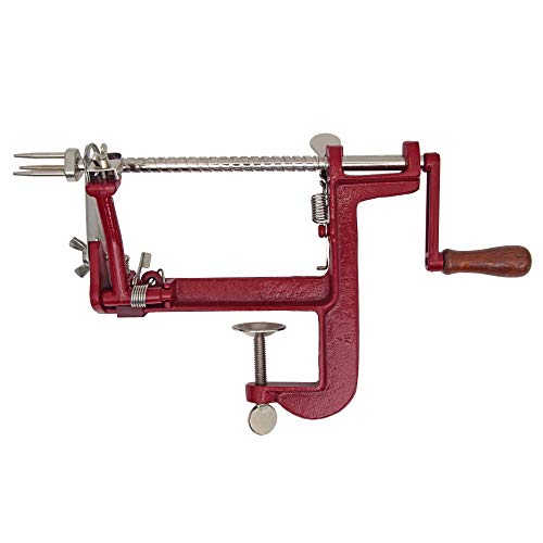 Johnny Apple Peeler Cast Iron Clamp Base, Apple Slicer, Corer, Parer & Pie maker, Red