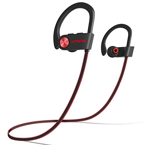 LETSCOM Bluetooth Headphones V5.0 IPX7 Waterproof, Wireless Sport Earphones, HiFi Bass Stereo Sweatproof Earbuds W/Mic, Noise Cancelling Headset for Workout, Running, Gym, 8 Hours Play time