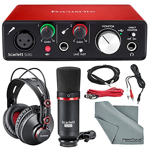 Focusrite Scarlett Solo Studio Kit Bundle  Contains Scarlett Solo USB Audio Interface + CM25 Condenser Microphone + HP60 Studio Headphones + Cables + Fibertique Cloth