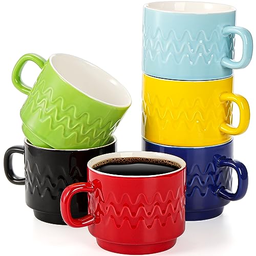 6 Pack Stackable Coffee Mugs, 12 Ounce Porcelain Latte Cup with Handle, Ceramic Mugs Set for Specialty Coffee Drinks, Hot Chocolate, Cappuccino, Mocha and Tea, Assorted Colors