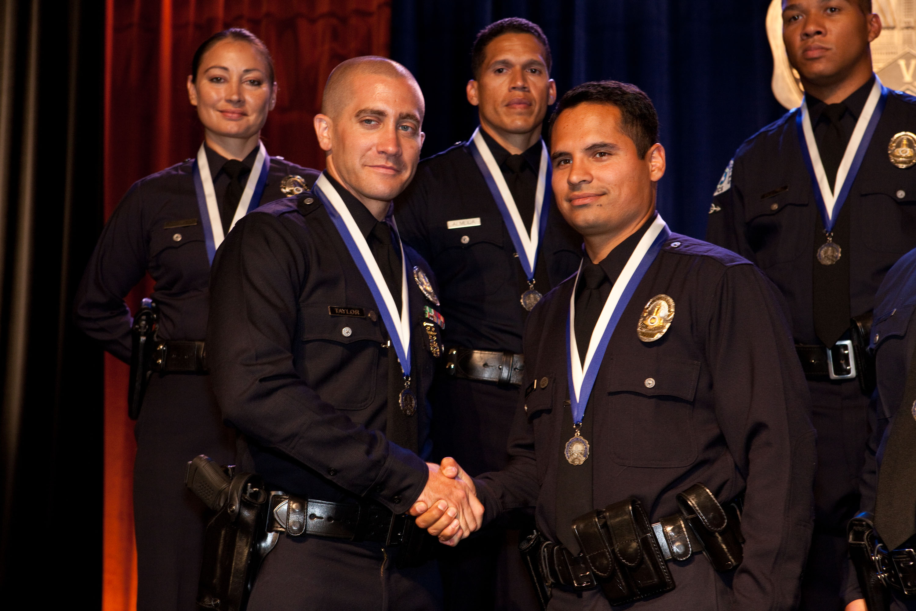 Jake Gyllenhaal and Michael Peña in End of Watch (2012)