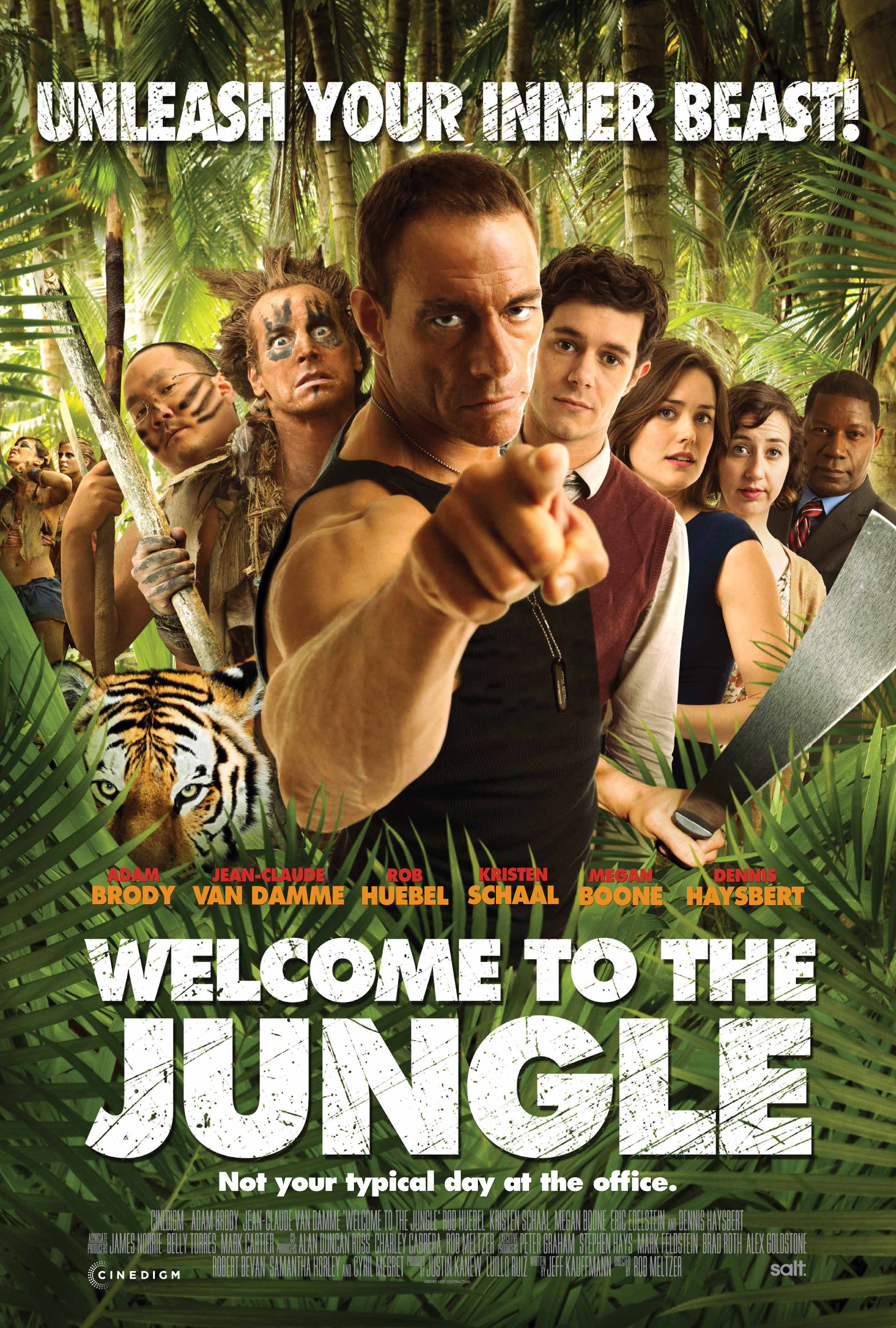 Jean-Claude Van Damme, Adam Brody, Dennis Haysbert, Aaron Takahashi, Rob Huebel, Kristen Schaal, and Megan Boone in Welcome to the Jungle (2013)