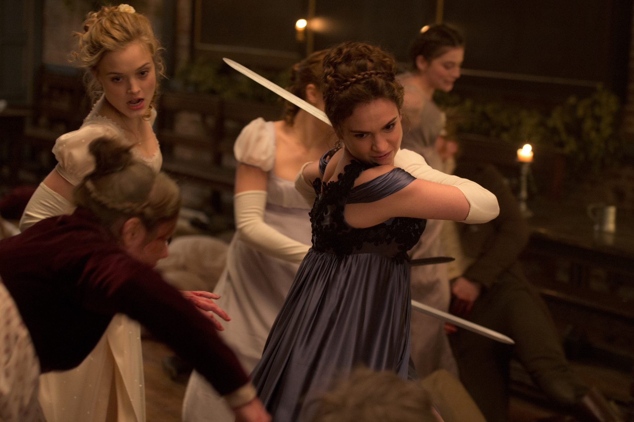 Bella Heathcote, Suki Waterhouse, Lily James, Ellie Bamber, and Millie Brady in Pride and Prejudice and Zombies (2016)