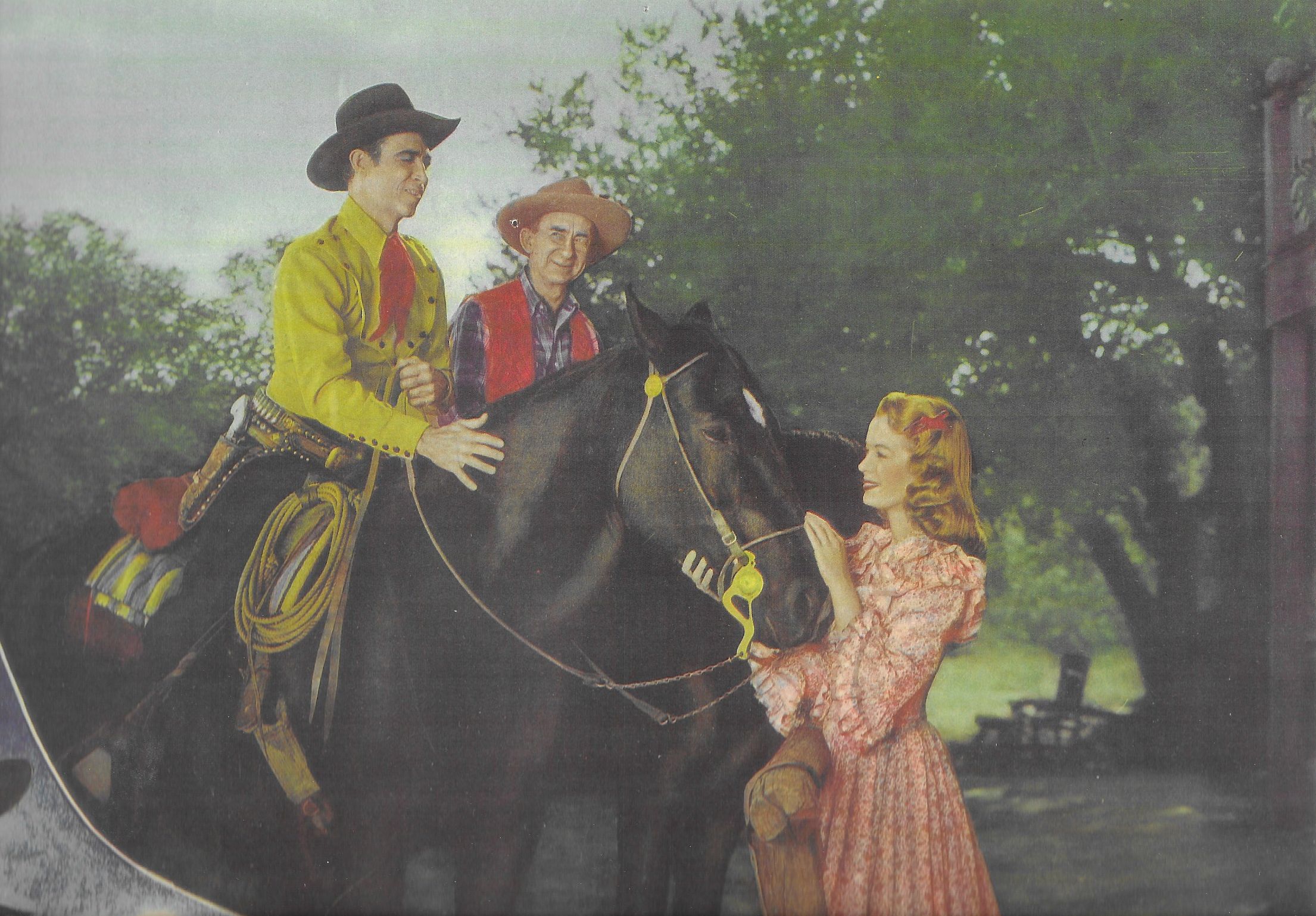 Roscoe Ates, Eddie Dean, Helen Mowery, and Flash in Range Beyond the Blue (1947)