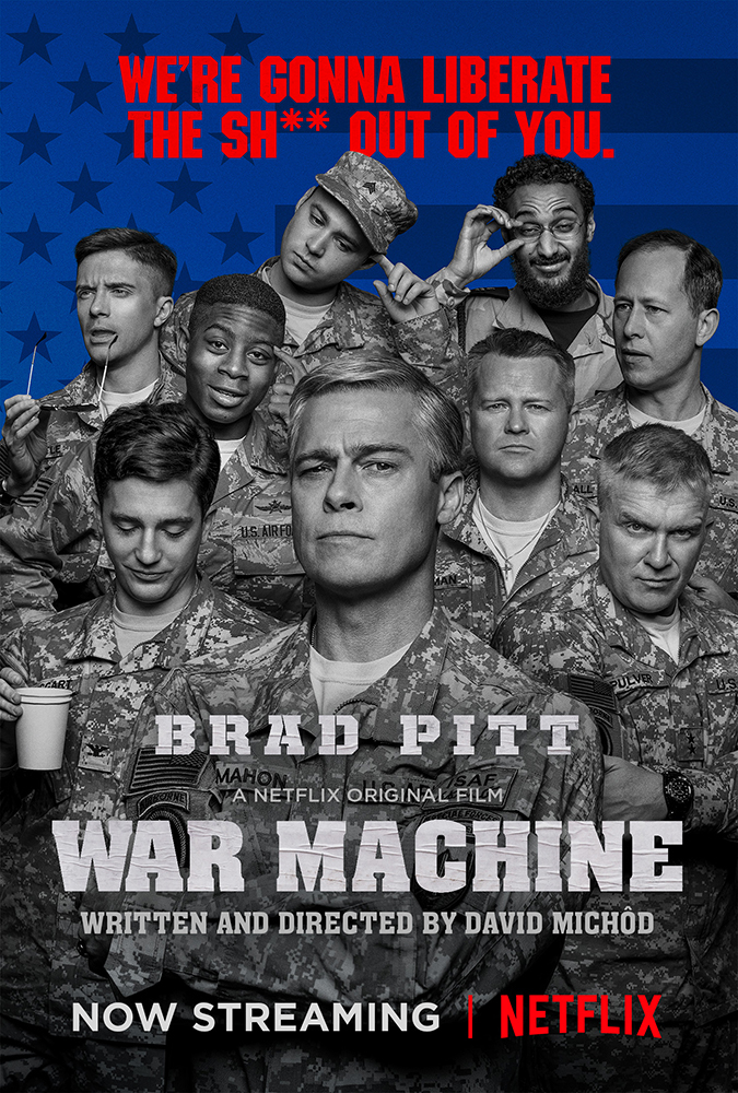 Brad Pitt, Anthony Michael Hall, Daniel Betts, Topher Grace, Anthony Hayes, Emory Cohen, John Magaro, Aymen Hamdouchi, and RJ Cyler in War Machine (2017)