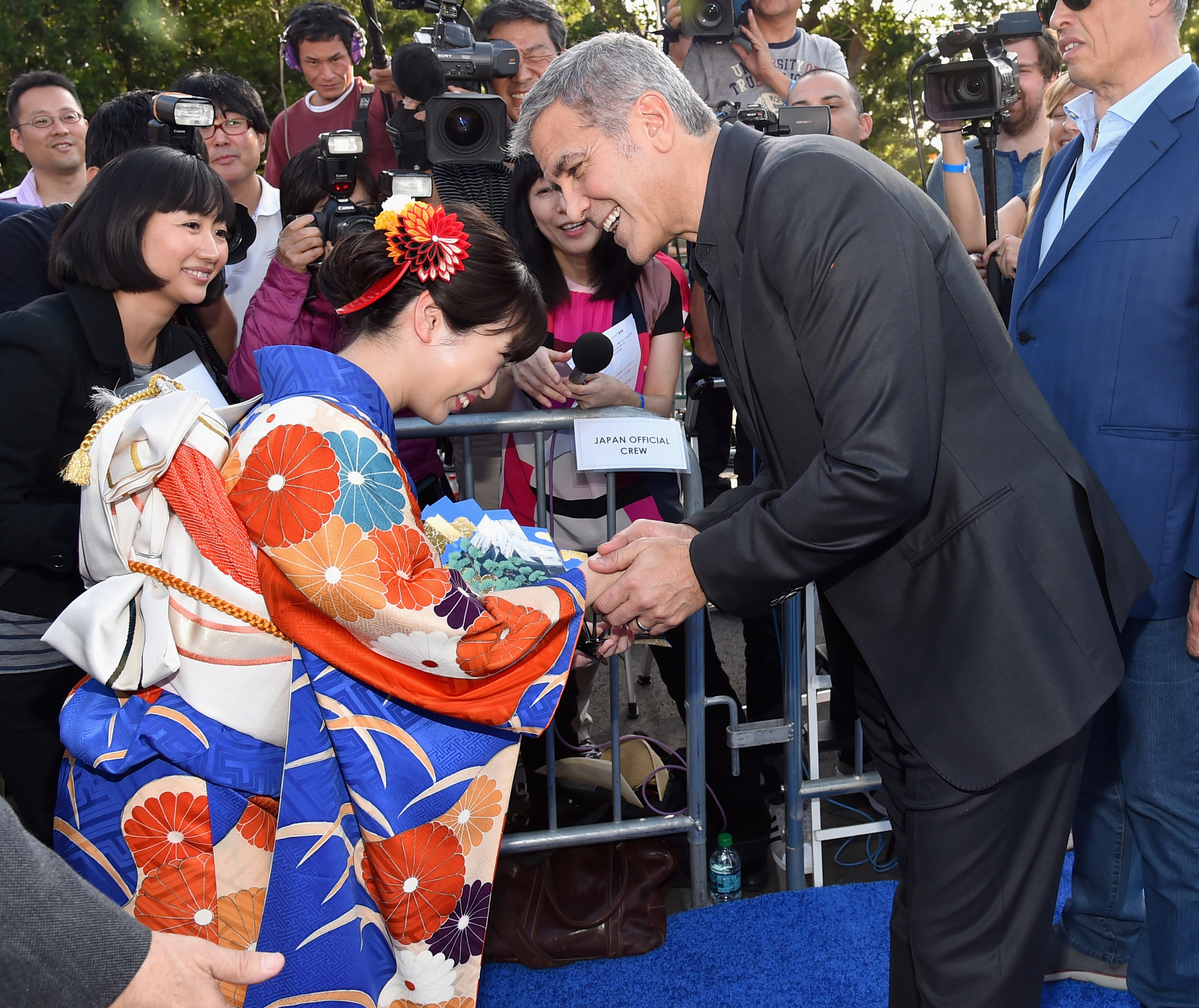 George Clooney and Mirai Shida at an event for Tomorrowland (2015)