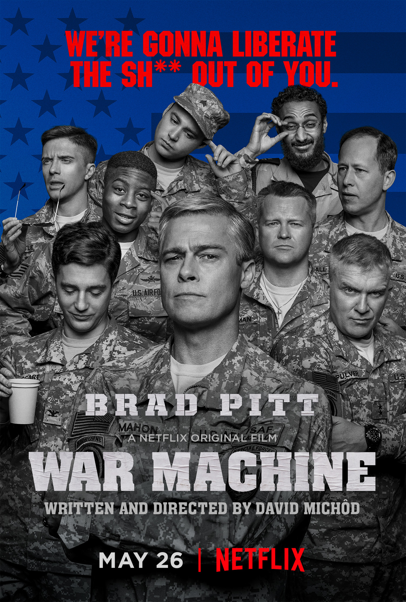 Brad Pitt, Anthony Michael Hall, Daniel Betts, Topher Grace, Anthony Hayes, Emory Cohen, John Magaro, Aymen Hamdouchi, and RJ Cyler in War Machine (2017)