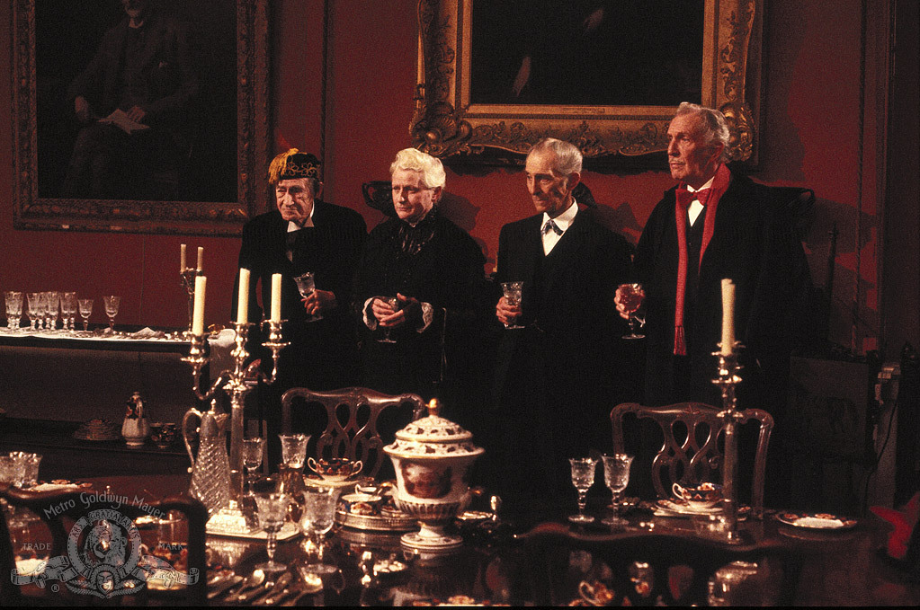 John Carradine, Peter Cushing, Vincent Price, and Sheila Keith in House of the Long Shadows (1983)