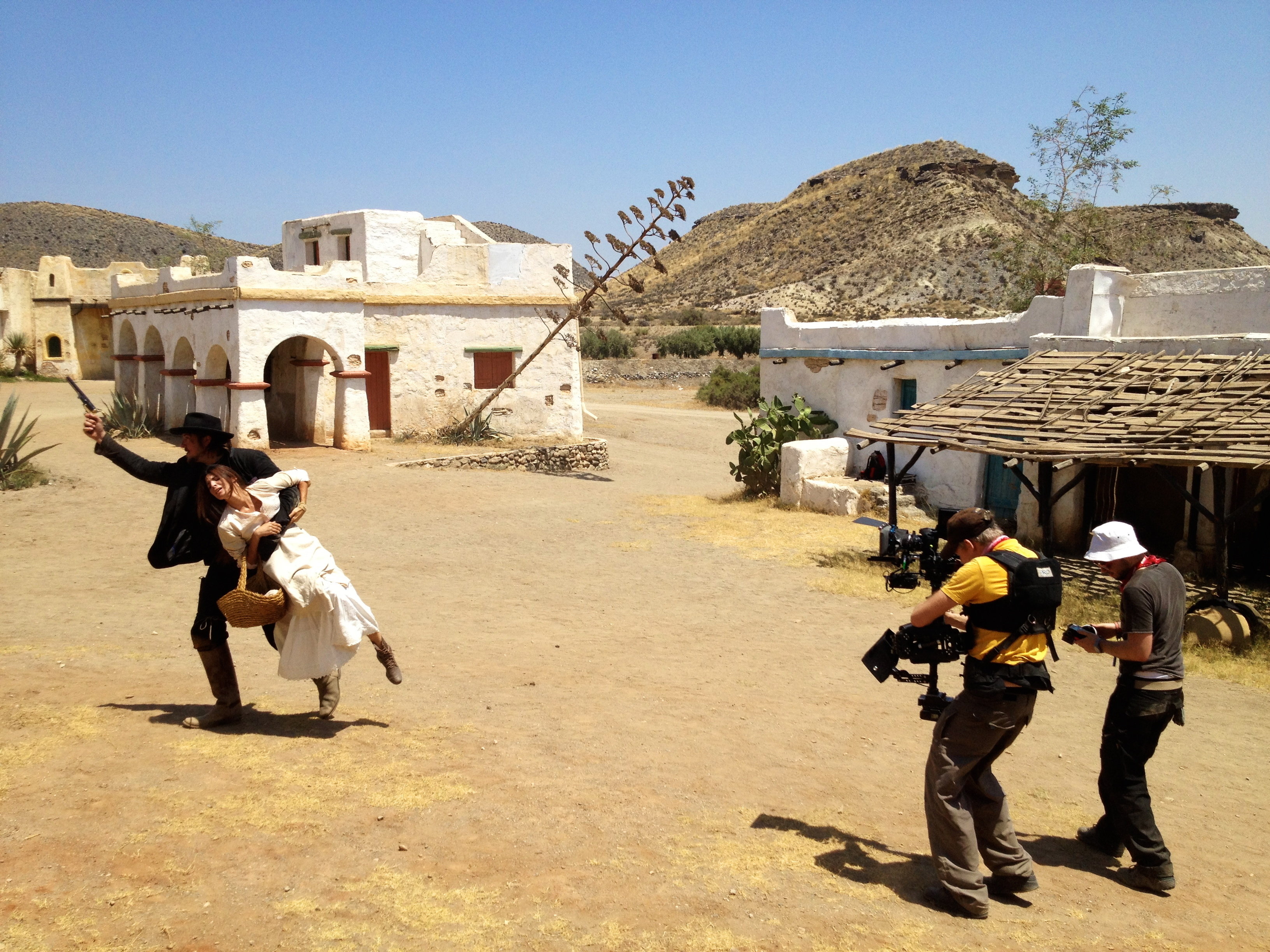 Behind the scenes of "6 Bullets To Hell" on location in Almeria, Spain. Director of Photography Olivier Merkx and actor Tanner Beard. 