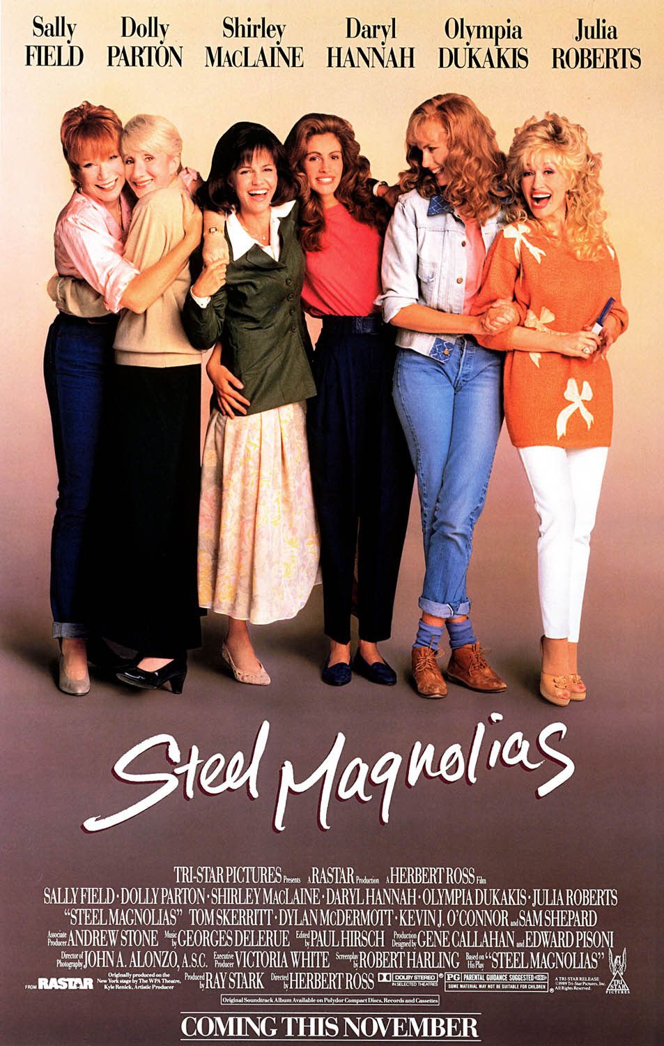 Julia Roberts, Sally Field, Daryl Hannah, Shirley MacLaine, Dolly Parton, and Olympia Dukakis in Steel Magnolias (1989)