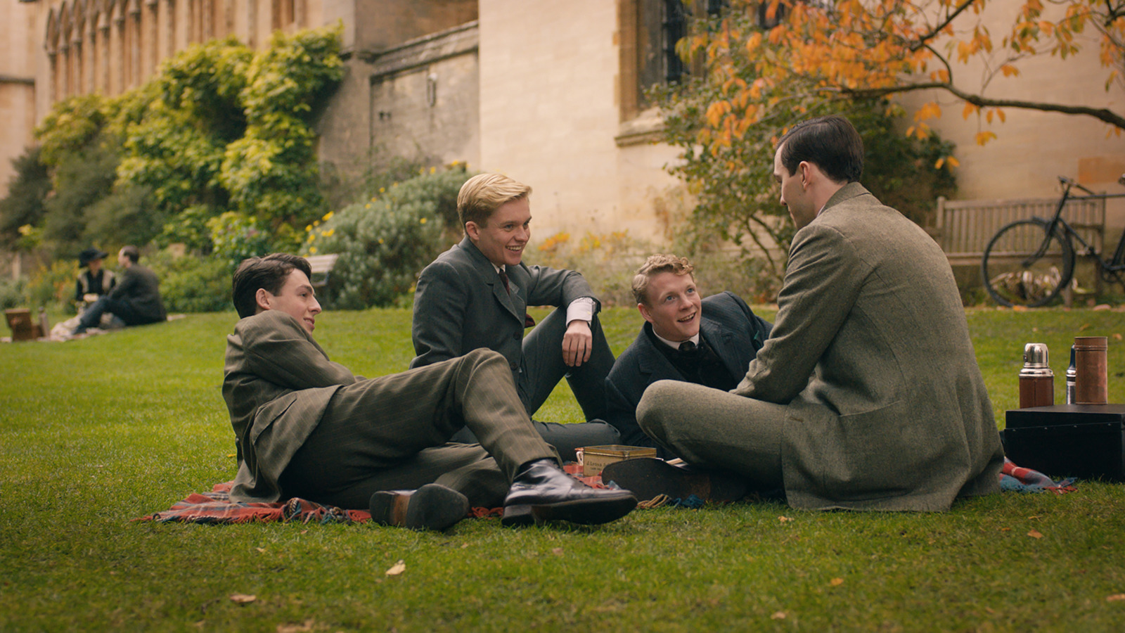 Nicholas Hoult, Patrick Gibson, Anthony Boyle, and Tom Glynn-Carney in Tolkien (2019)