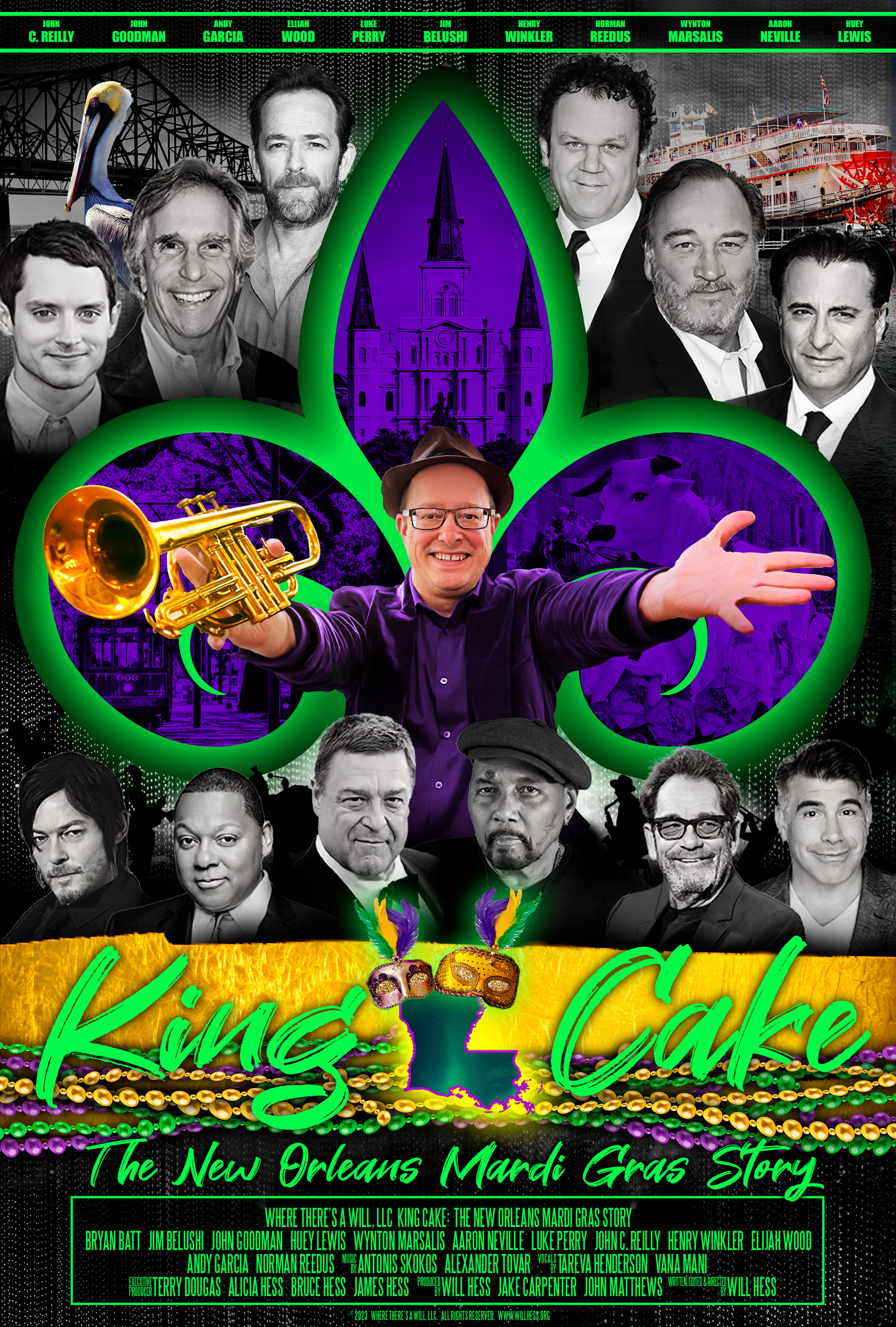 Andy Garcia, John Goodman, Luke Perry, John C. Reilly, Elijah Wood, Jim Belushi, Henry Winkler, Aaron Neville, Norman Reedus, Bryan Batt, Will Hess, Huey Lewis, and Wynton Marsalis in King Cake: The New Orleans Mardi Gras Story (2024)