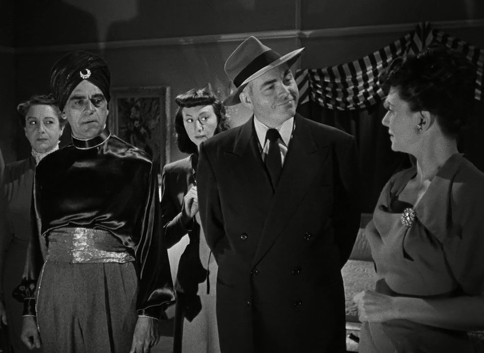 Boris Karloff, Lenore Aubert, Claire Du Brey, James Flavin, and Victoria Horne in Bud Abbott Lou Costello Meet the Killer Boris Karloff (1949)