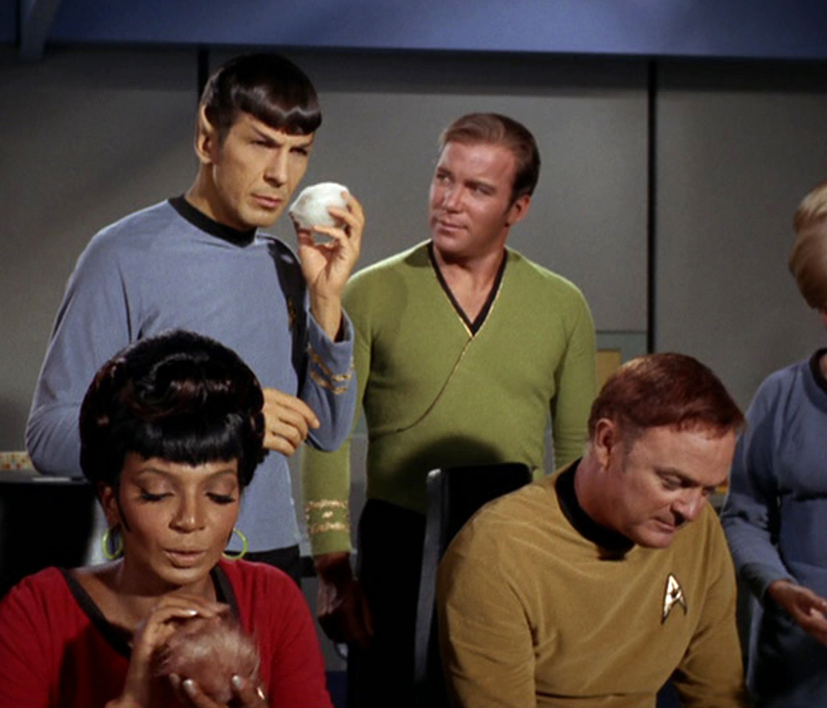 Leonard Nimoy, William Shatner, Paul Baxley, and Nichelle Nichols in Star Trek (1966)