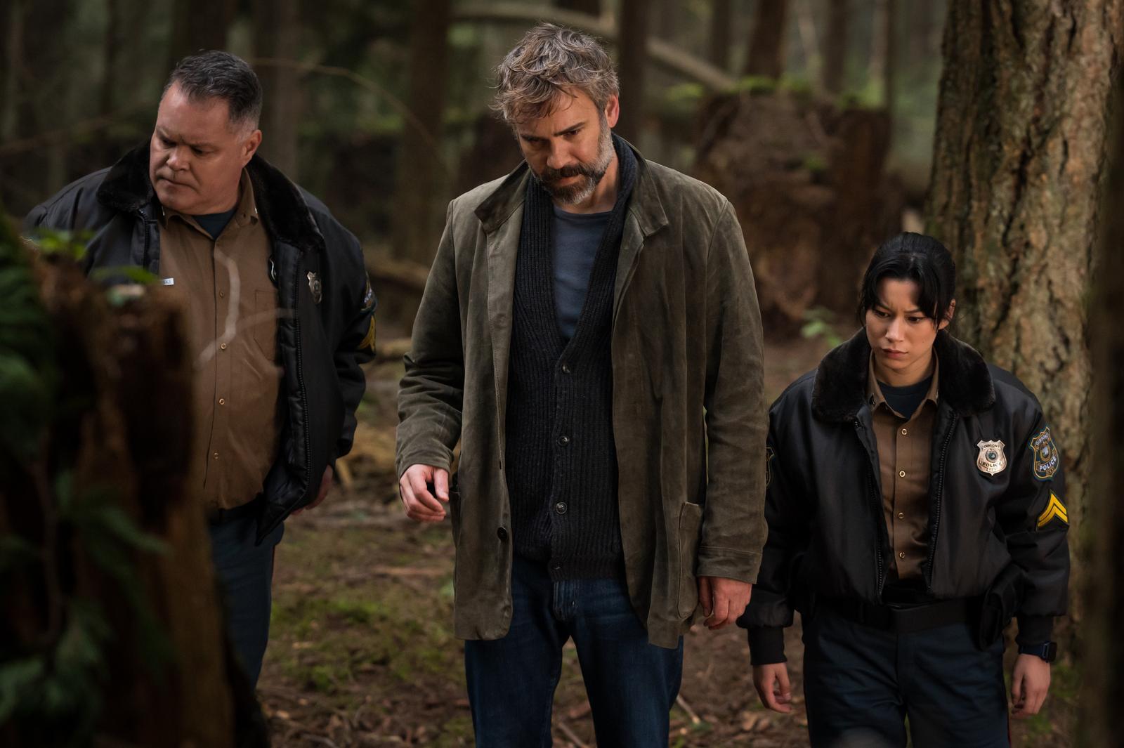 Aaron Douglas, Mya Lowe, and Rossif Sutherland in Murder in a Small Town (2024)