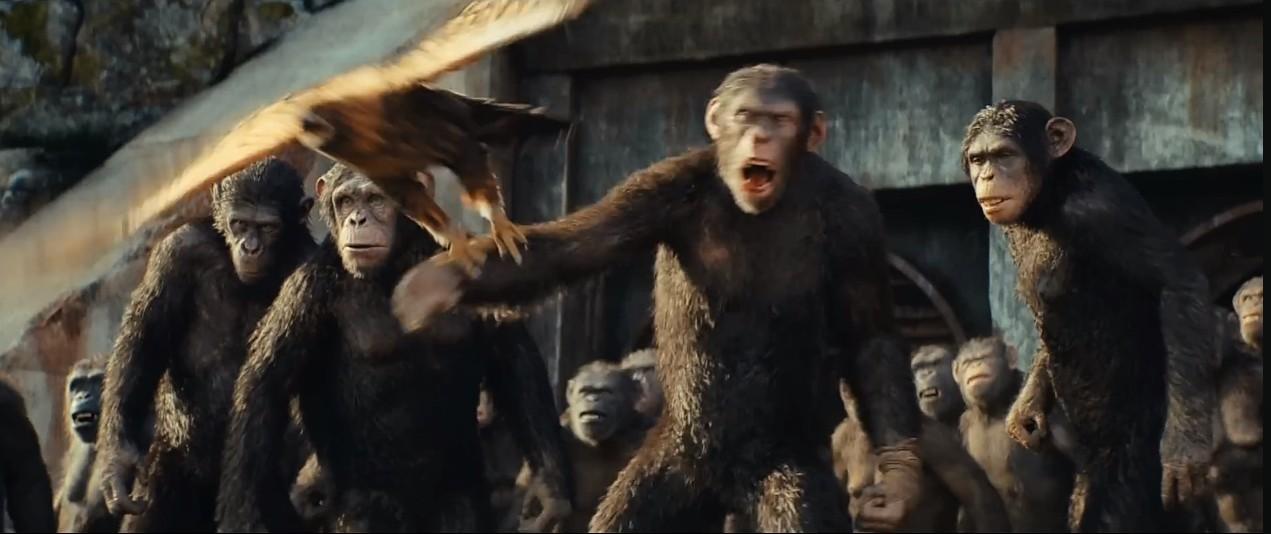 Sara Wiseman, Travis Jeffery, Owen Teague, and Lydia Peckham in Kingdom of the Planet of the Apes (2024)