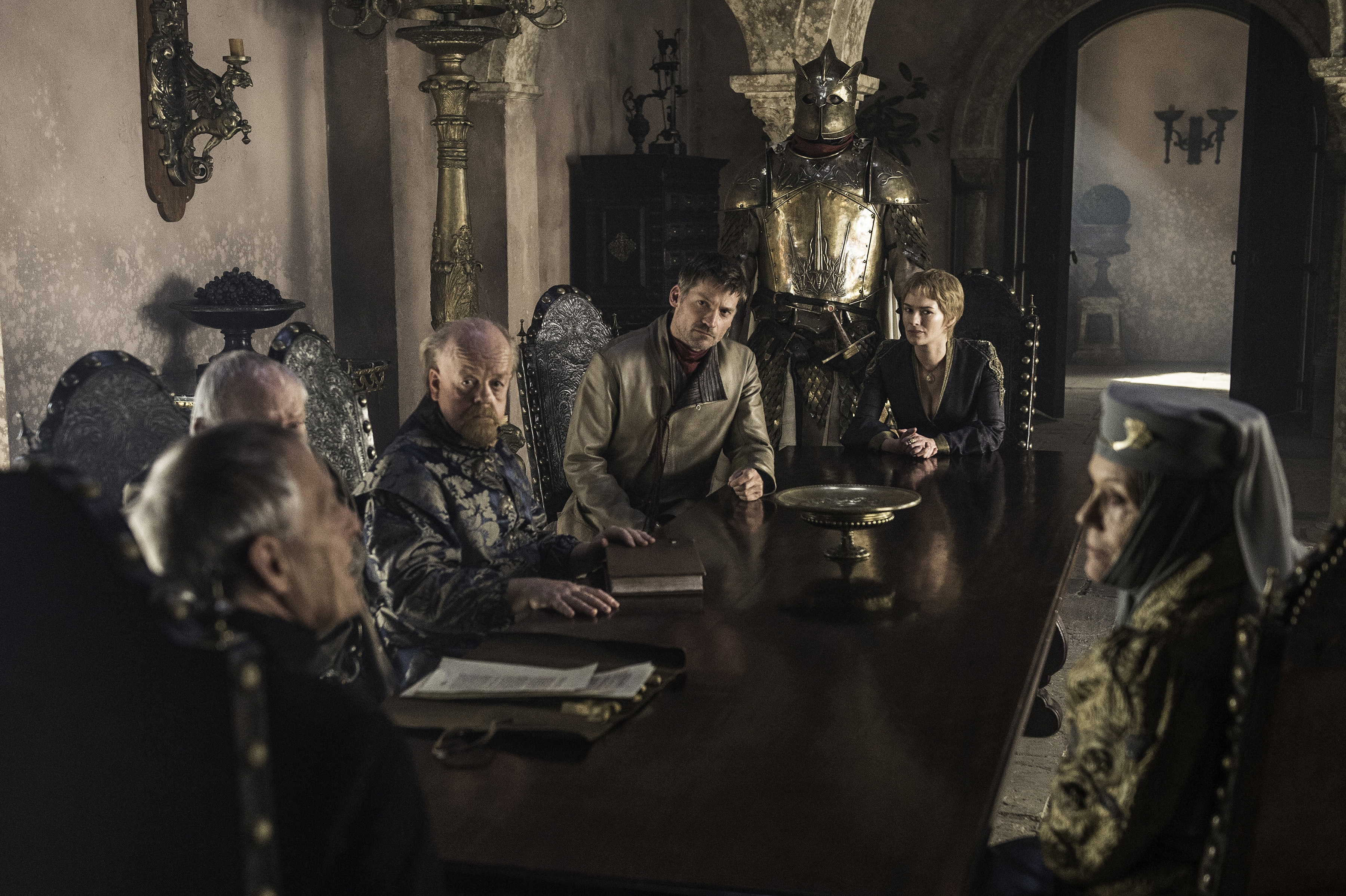 Diana Rigg, Julian Glover, Roger Ashton-Griffiths, Nikolaj Coster-Waldau, Ian Gelder, Lena Headey, and Hafþór Júlíus Björnsson in Game of Thrones (2011)