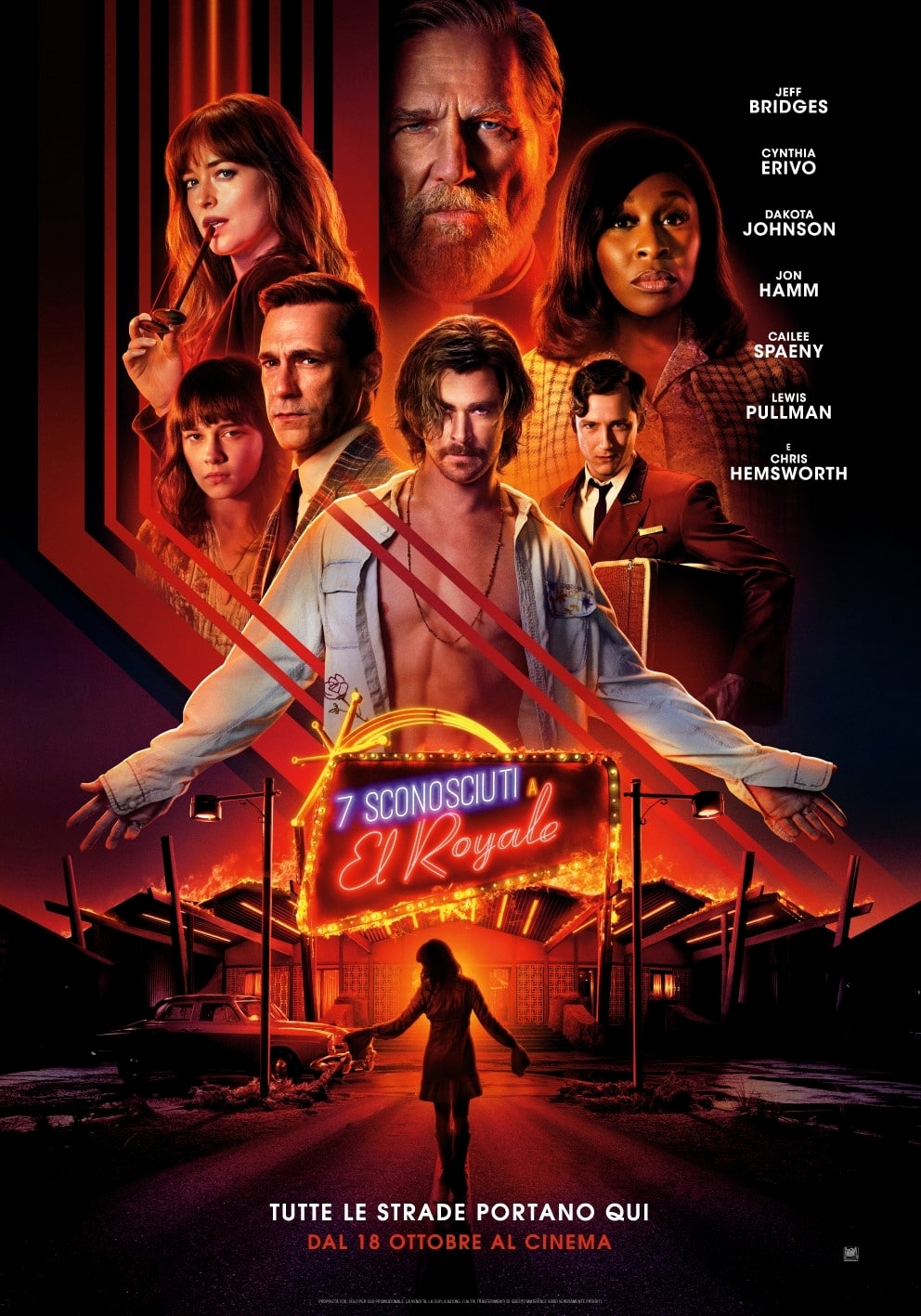 Jeff Bridges, Jon Hamm, Dakota Johnson, Chris Hemsworth, Lewis Pullman, Cynthia Erivo, and Cailee Spaeny in Bad Times at the El Royale (2018)