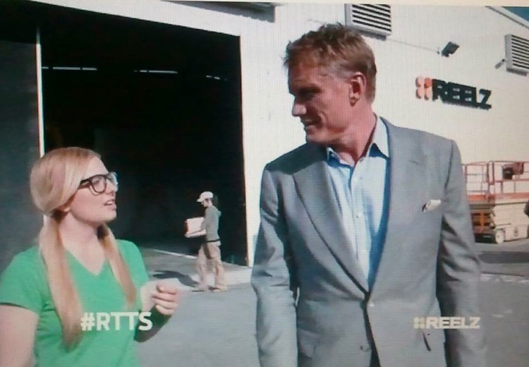 Bernadett Belinda York and Dolph Lundgren on "Race to the Scene" for Reelz channel.