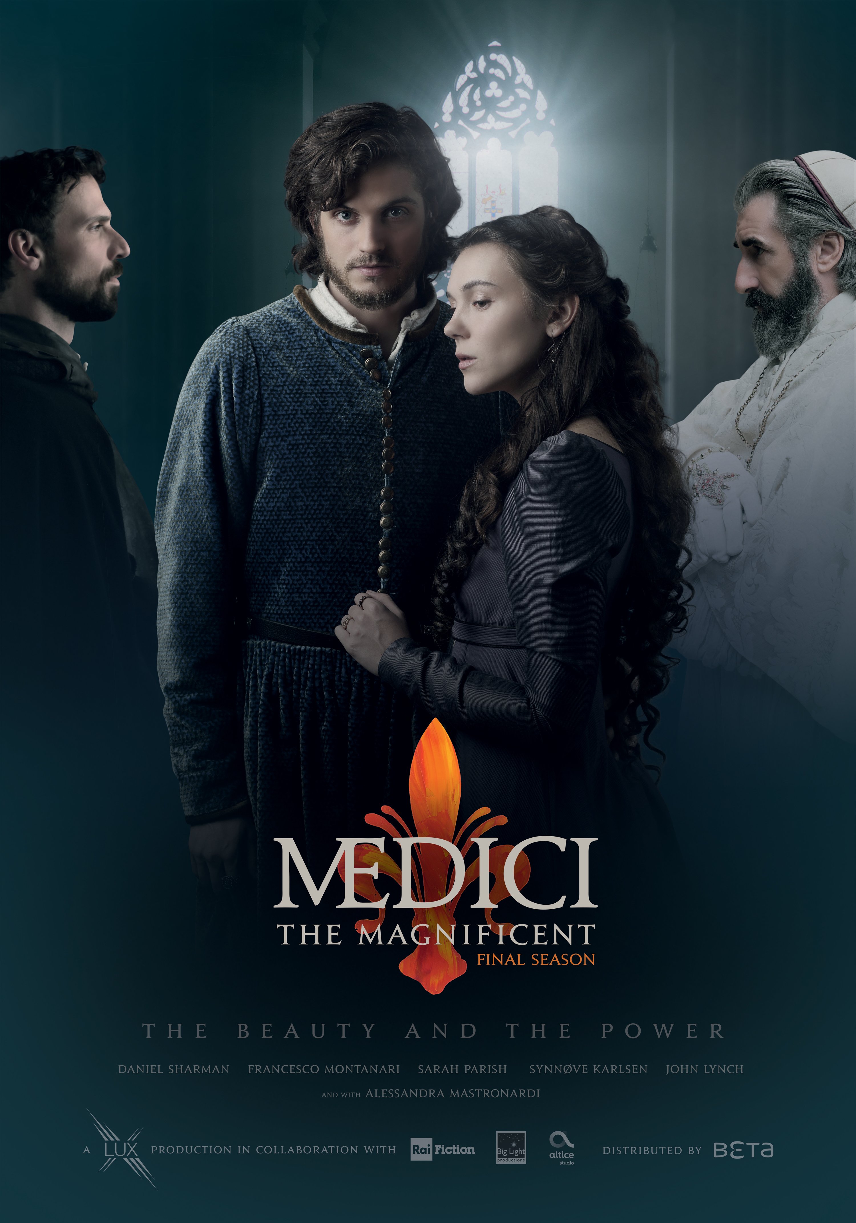 John Lynch, Daniel Sharman, Francesco Montanari, and Synnove Karlsen in Medici (2016)