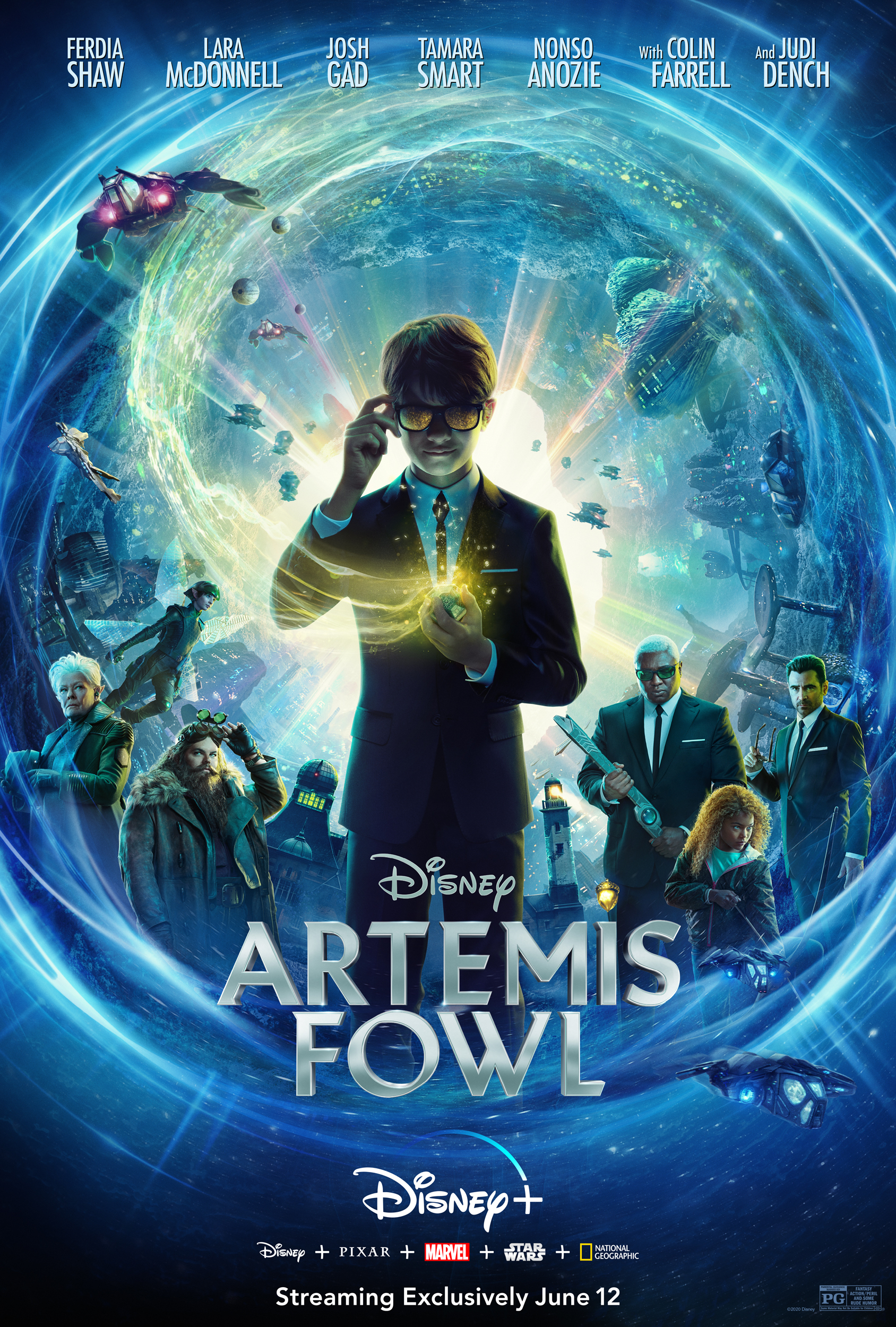 Judi Dench, Colin Farrell, Josh Gad, Nonso Anozie, Lara McDonnell, Tamara Smart, and Ferdia Shaw in Artemis Fowl (2020)