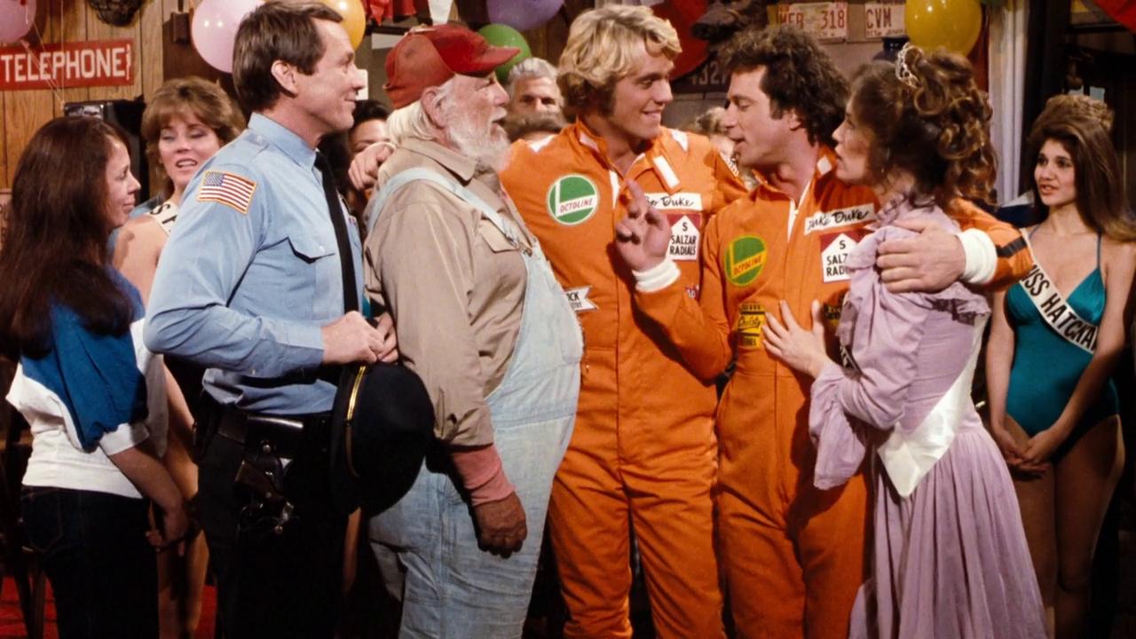 Catherine Bach, Denver Pyle, John Schneider, Sonny Shroyer, and Tom Wopat in The Dukes of Hazzard (1979)