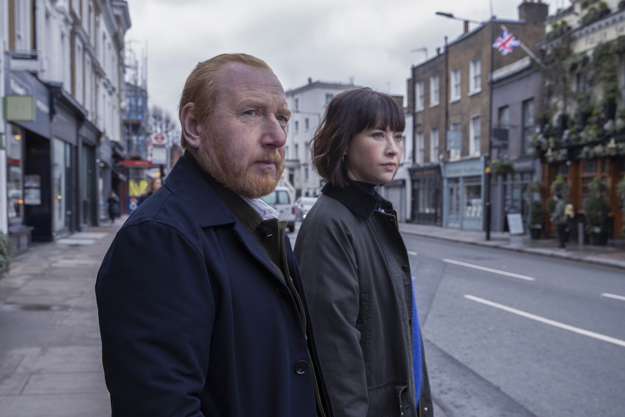 Adrian Scarborough and Vanessa Emme in The Chelsea Detective (2022)