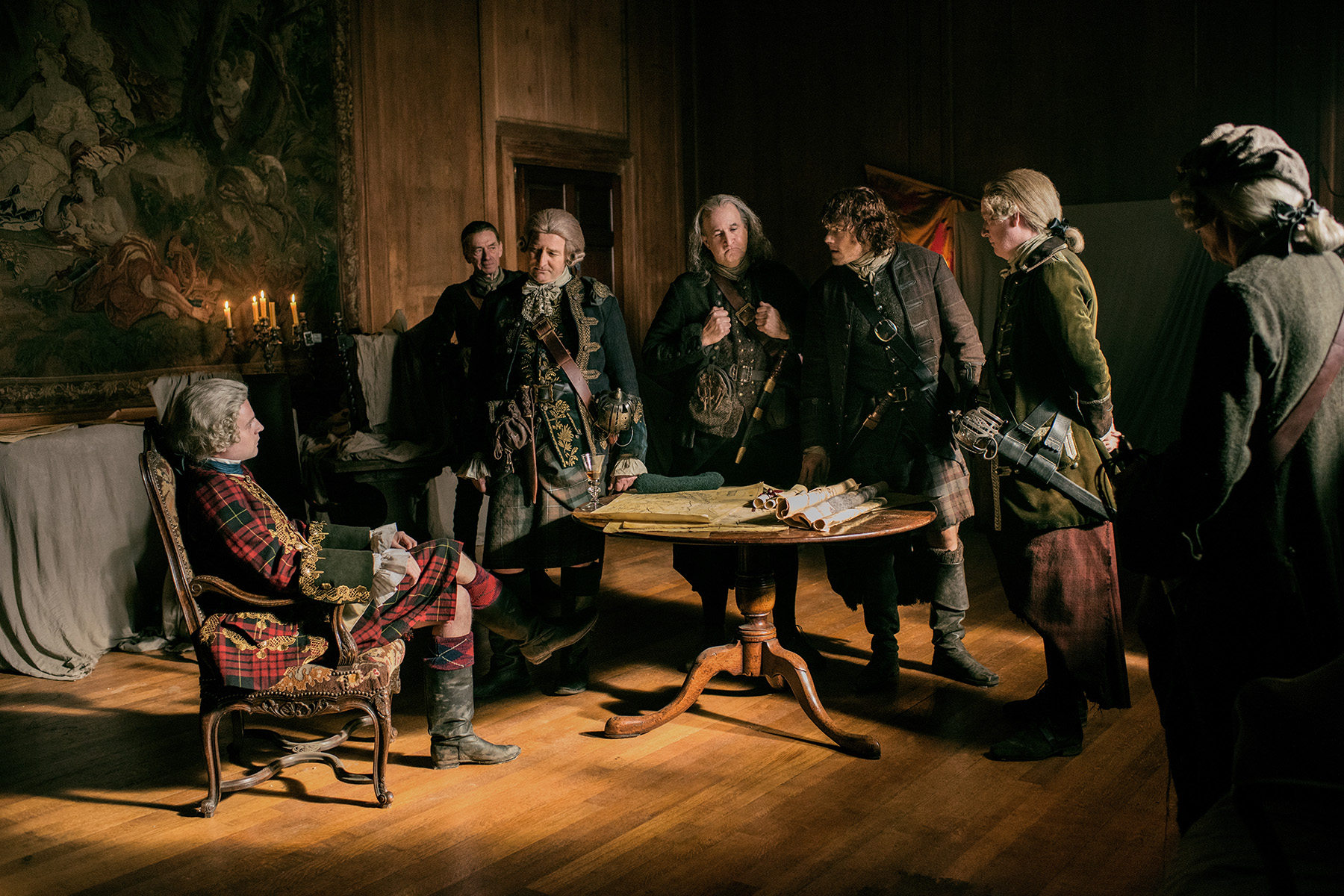 Gerard Horan, Julian Wadham, Sam Heughan, Jim Sweeney, and Andrew Gower in Outlander (2014)