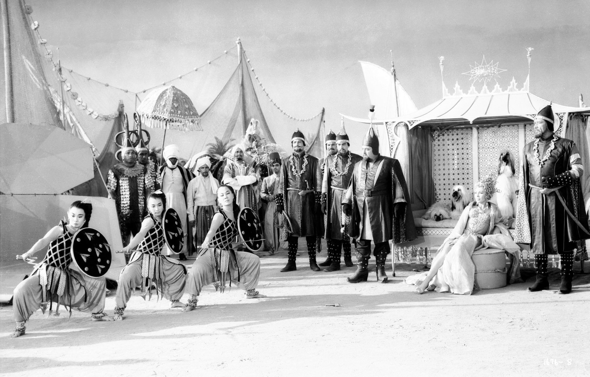 Sebastian Cabot, Patricia Dunn, Dolores Gray, Wonci Lui, Mike Mazurki, and Reiko Sato in Kismet (1955)