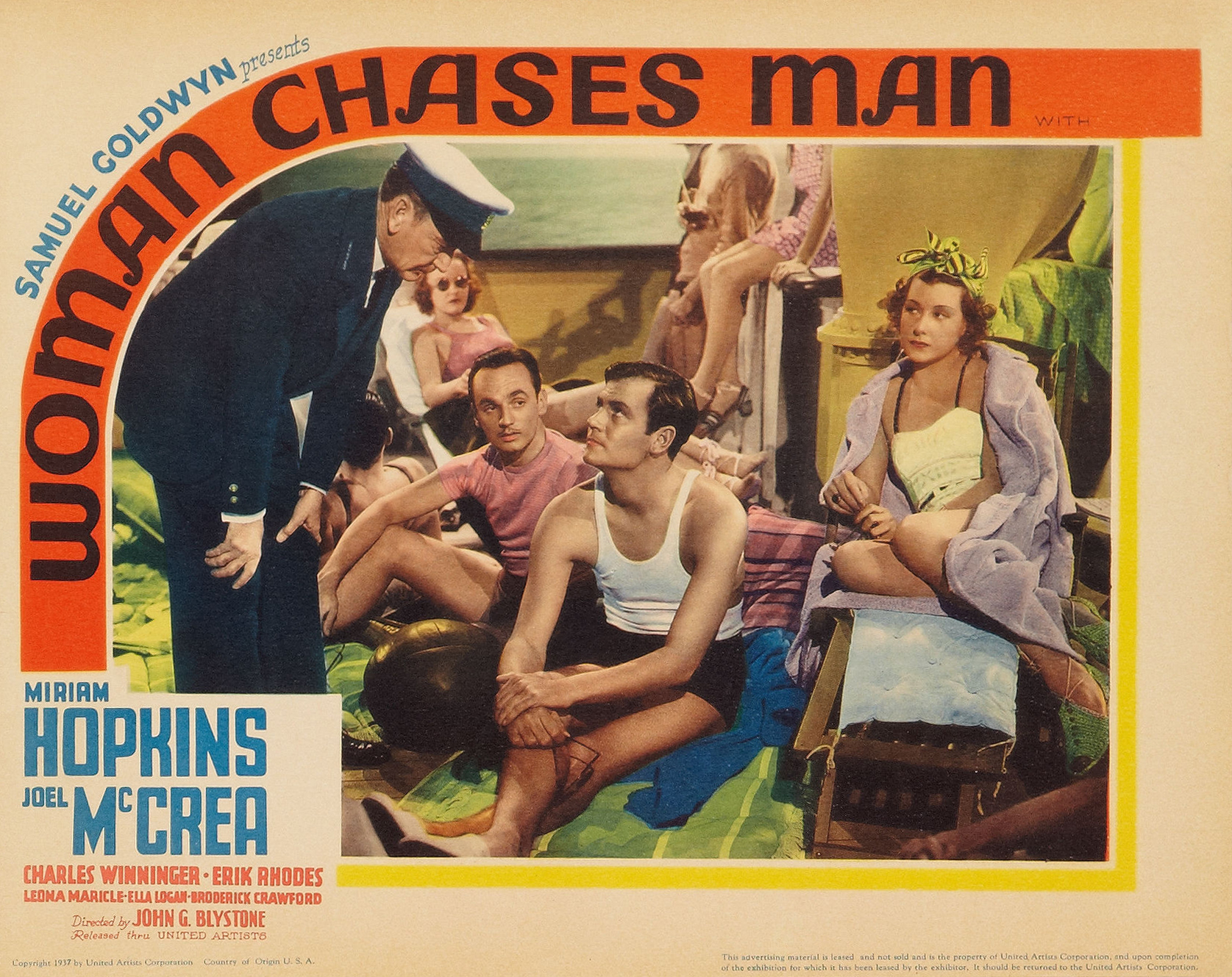 Lois January, Leona Maricle, Joel McCrea, and Erik Rhodes in Woman Chases Man (1937)