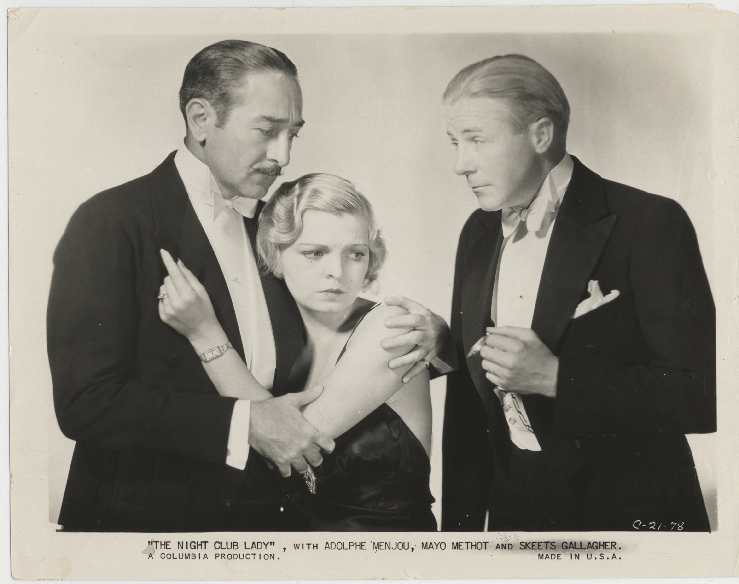 Richard 'Skeets' Gallagher, Adolphe Menjou, and Mayo Methot in The Night Club Lady (1932)