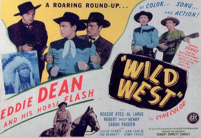 Roscoe Ates, Eddie Dean, Terry Frost, Robert 'Buzz' Henry, Lash LaRue, Chief Yowlachie, and Flash in Wild West (1946)