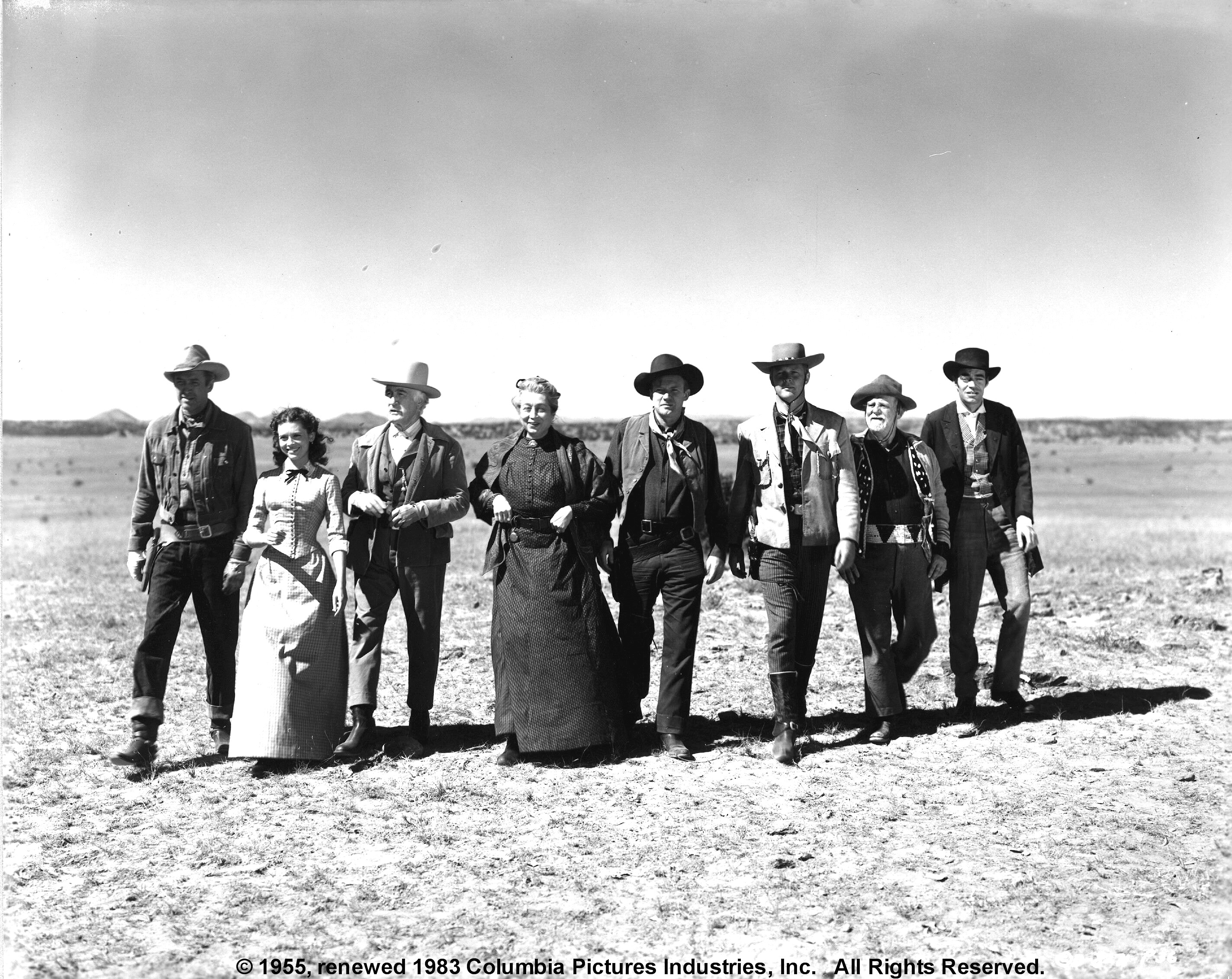 James Stewart, Jack Elam, Donald Crisp, Wallace Ford, Arthur Kennedy, Aline MacMahon, Alex Nicol, and Cathy O'Donnell in The Man from Laramie (1955)