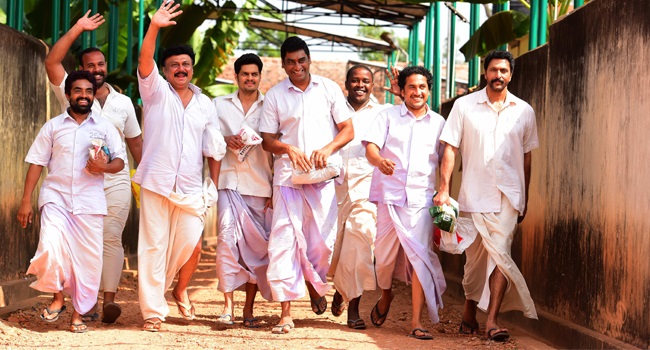 Babu Antony, Baiju Santhosh, Jacob Gregory, Sudheer Karamana, Sudev Nair, Santhosh Keezhattoor, Padmaraj Ratheesh, and Kevin in Karingunnam 6's (2016)