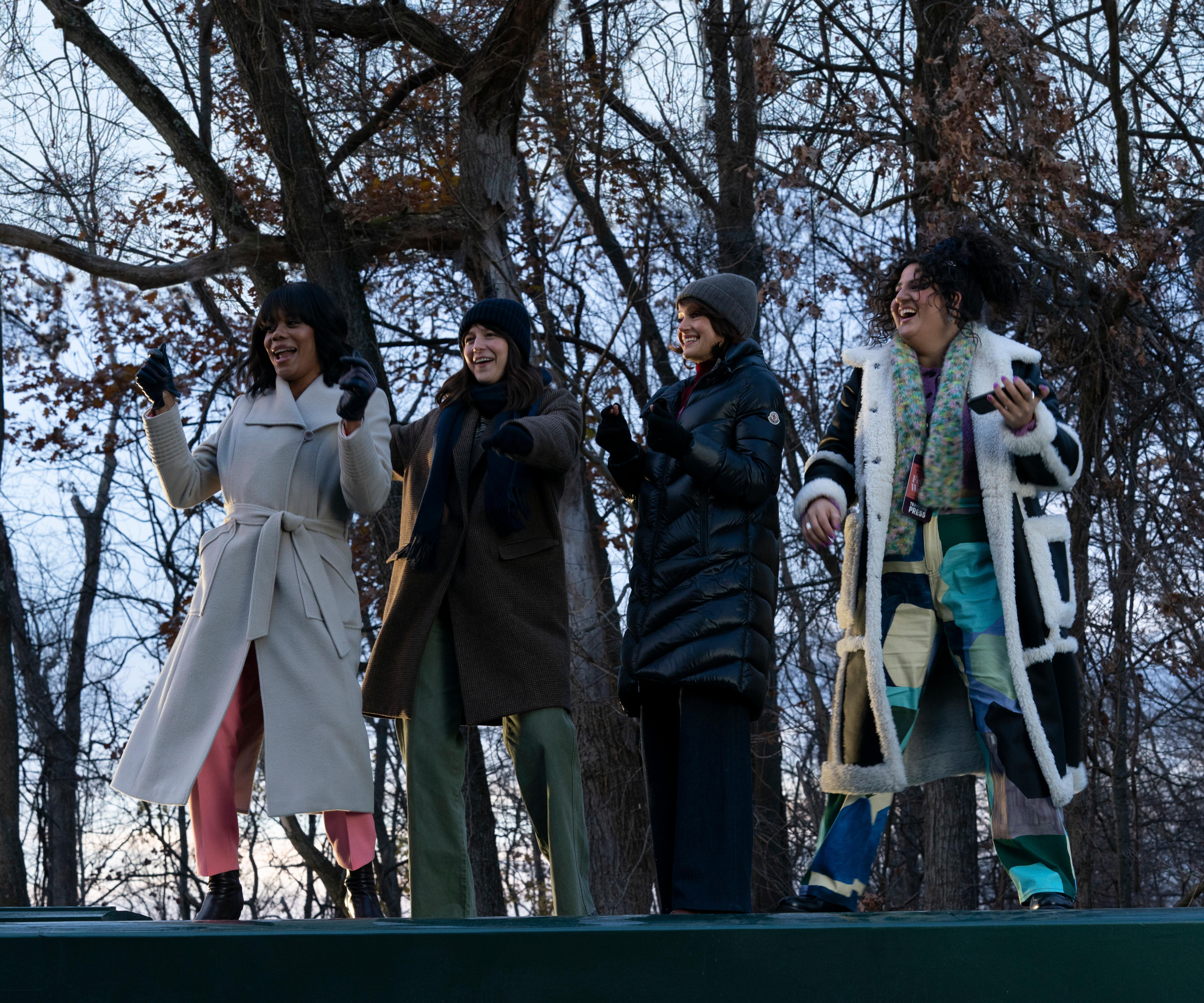 Carla Gugino, Melissa Benoist, Natasha Behnam, and Christina Elmore in The Girls on the Bus (2024)