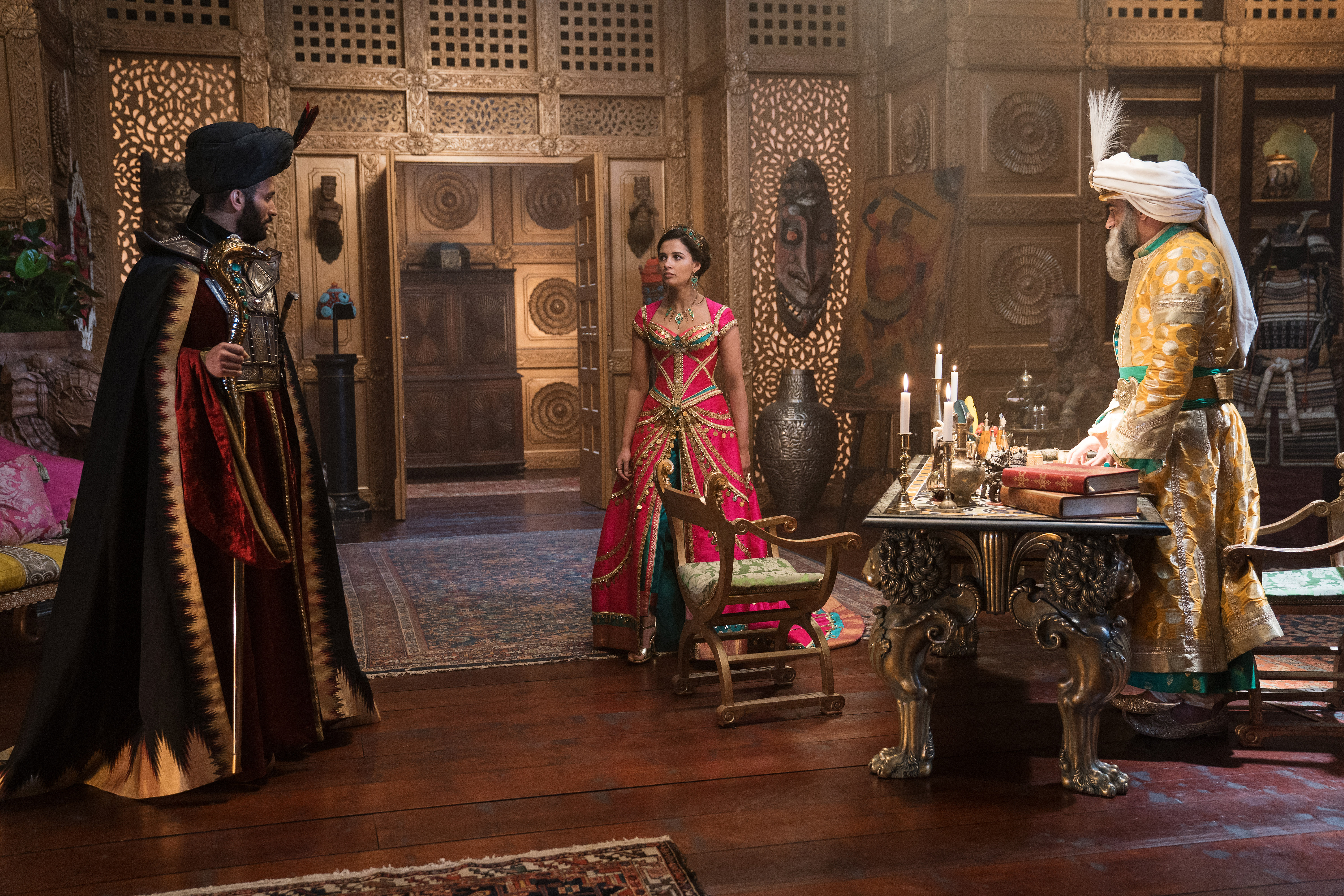 Navid Negahban, Marwan Kenzari, and Naomi Scott in Aladdin (2019)