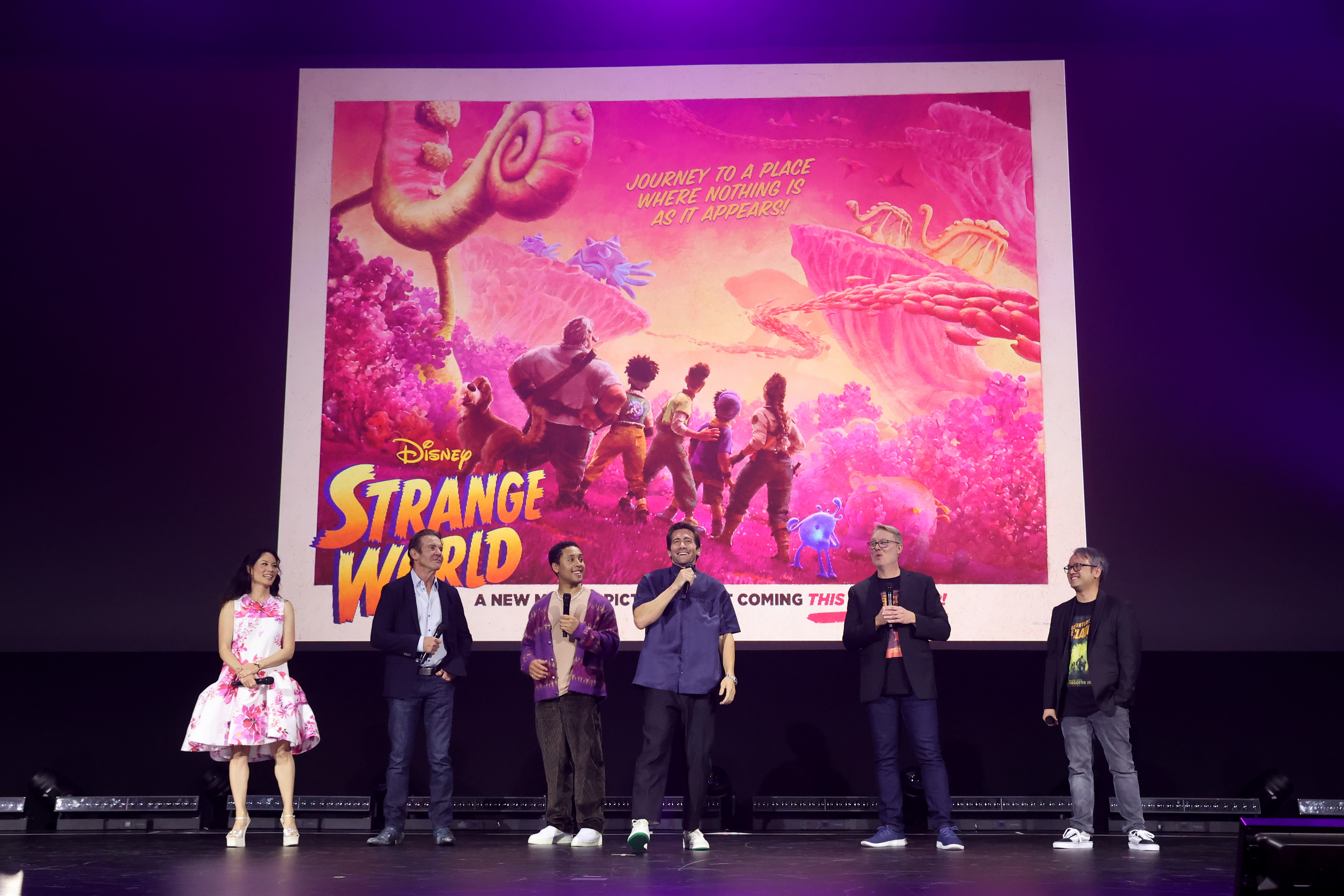 Dennis Quaid, Lucy Liu, Jake Gyllenhaal, Don Hall, Qui Nguyen, and Jaboukie Young-White at an event for Strange World (2022)